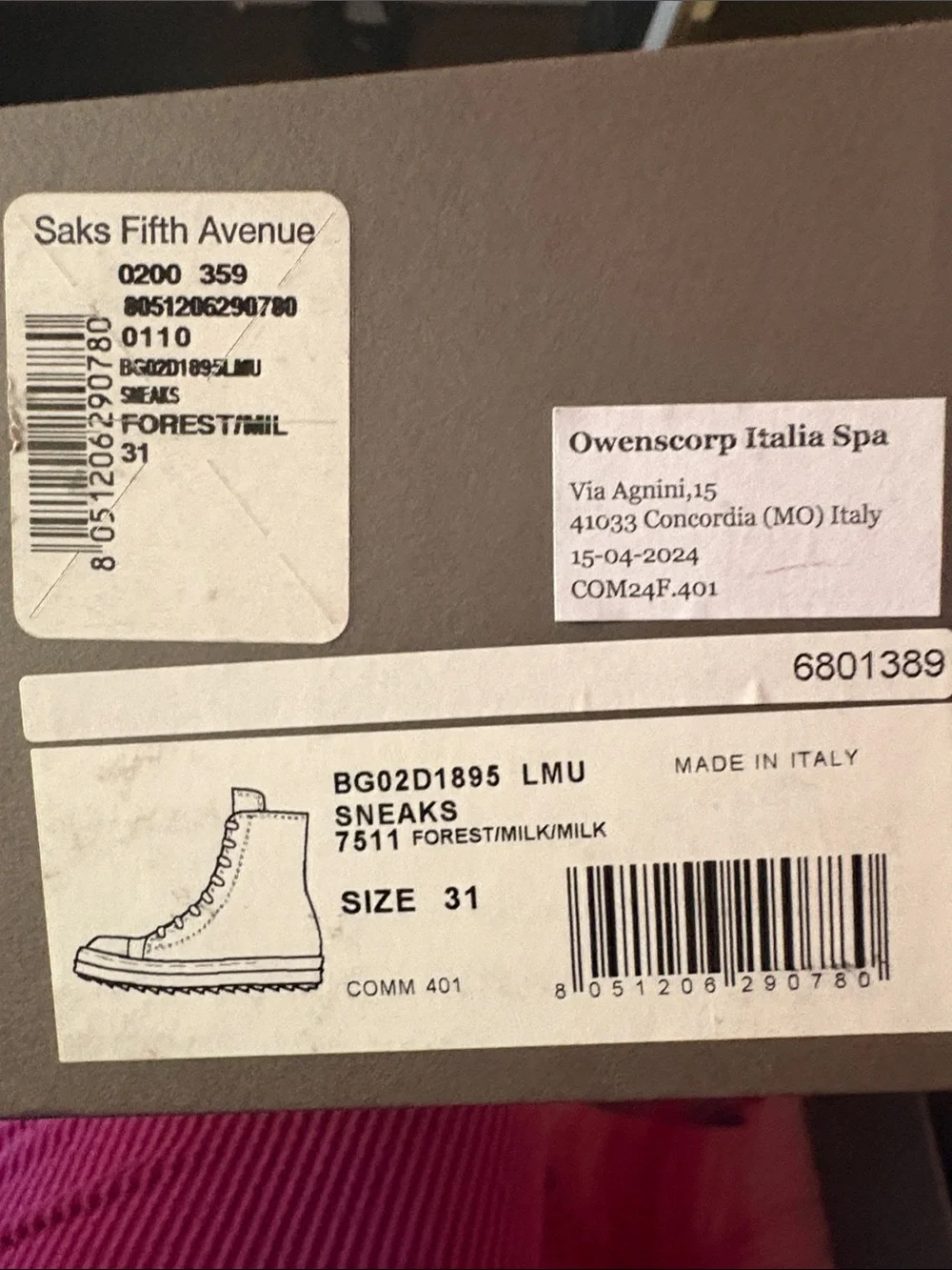 Saks Fifth Avenue Forest/Milk Sneaker Box Label